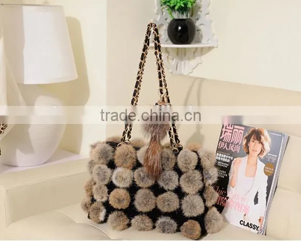 Korean Style Woman Rabbit Fur Ball Hand Bag Contrast Color Female Chian Bag photo-5