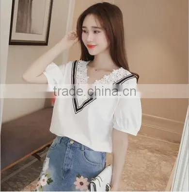2017 New Design Sexy Women Tops Stitching Hollow Comfortable Women's Lace T-shirt photo-6