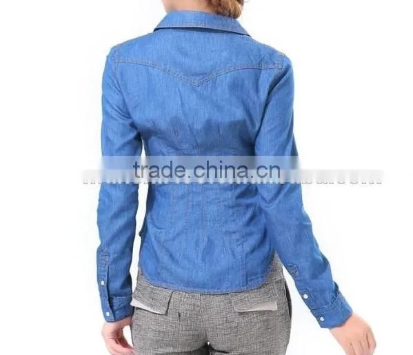 New Slim Fit Long Sleeves Denim Dress Shirts for Women With Two Pockets photo-2