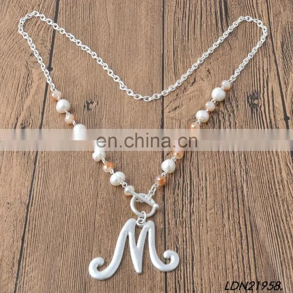 New Fashion Initial Letter Silver Pendant Necklace Pearl Glass Stone Beaded Necklace Jewelry photo-2