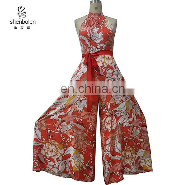 HW-048 Rayon Printed Halter Neck Wide Leg Jumpsuit With Satin Belt photo-3