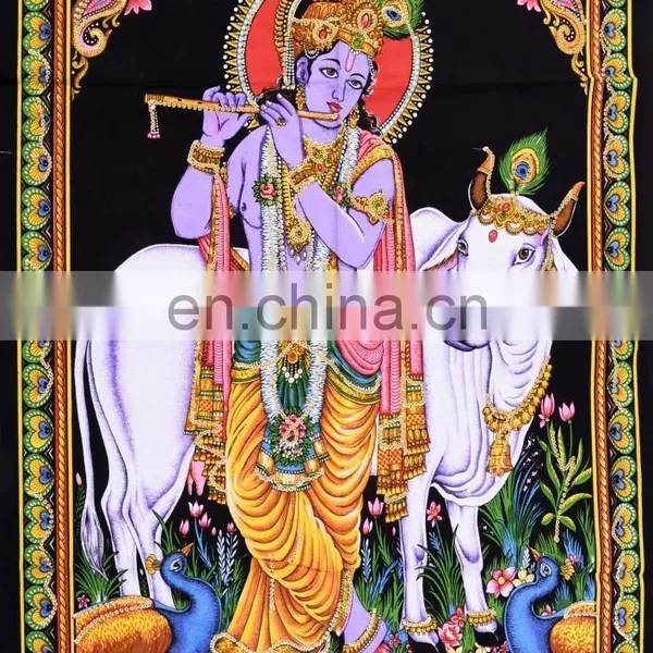 Indian Latest Poster Throw Cotton Wall Decor Lord Krishna Home Decor Poster Meditation Wall Hanging Tapestry 45X30 Inch photo-2