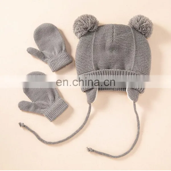 1-3 Years Hat Gloves Two Plush Balls Ropes Boys Girls Solid Color Knitted Kids Cap Gloves Set for Autumn Winter Warm Cap photo-4