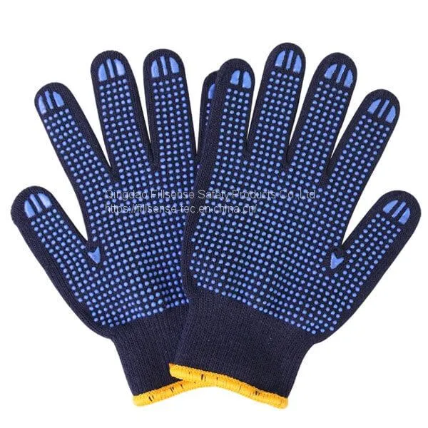 7Gauge Dark Blue Polycotton Liner PVC Dotted Gloves photo-2