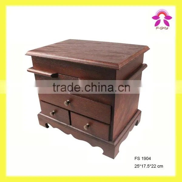 2015 Classical Antique Pine Wooden Jewel Case Cosmtic/Dressing Box With 3 Small Wraps