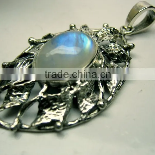 Rainbow Moonstone Oval Cabochon Oxidised Gemstone Pendant, 925 Solid Sterling Silver Pendants, Designer Casting Bezel Pendant photo-2