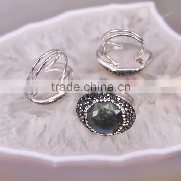 Natural Labradorite Ring, Metal Plated Silver Ring, Pave Setting Crystal Jewelry Finger Druzy Gem Stone Ring photo-2
