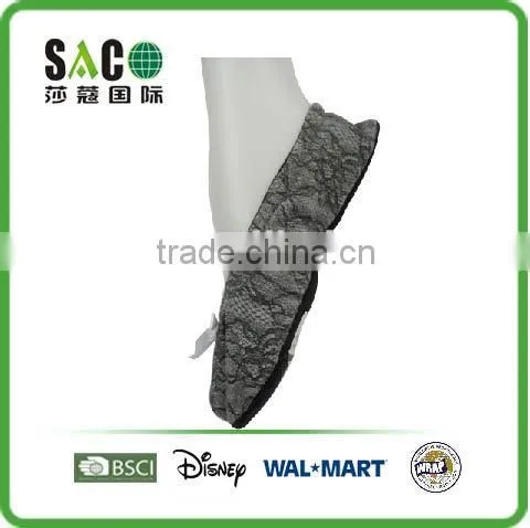 Grey Lace Fabric Pink Bowknot Black Shoe Sole With Anti Women Footie photo-2