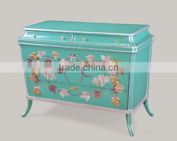 Antique Hand Carved Classic Curio Cupboard Inlaied Seasell Mosaic, Gold Gilding Wooden Display Cabinets With Flowers Paint Motif photo-4