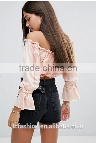 Sexy Blouse Designs Pale Pink Tie Dye Print Off-shoulder Women Tops Blouse photo-3