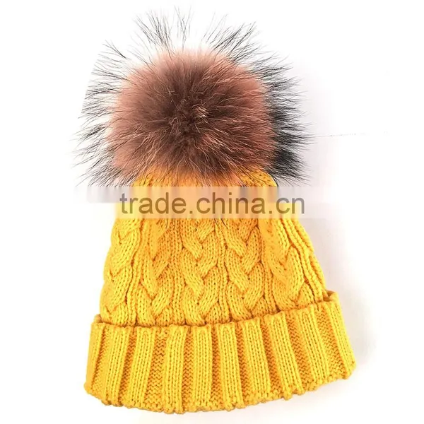 Myfur New Color Yellow Adults Large Raccoon Fur Ball Winter Knit Hat photo-2