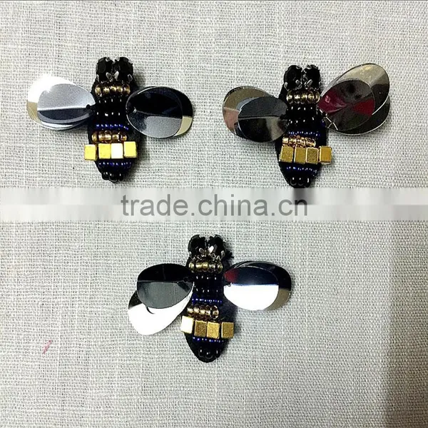 Shiny Black Bees Sequins Beads Rhinestones Appliques Patch Brooch photo-3