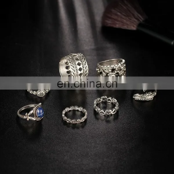 7pcs/set Retro Carved Gemstone Bohemian Gem Finger Knuckle Ring photo-5