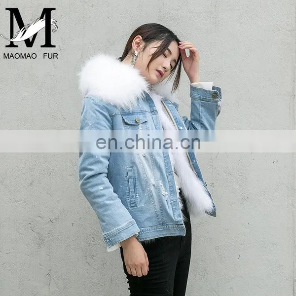 2016 Fashionable Winter Real Fur Jacket / Real Fox Fur Lining Denim Jacket Fur Collar / Warm Fox Fur Jacket Women