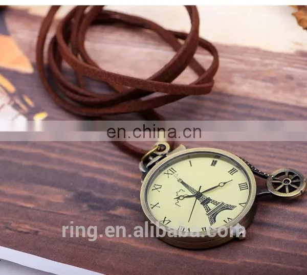 Vintage Eiffel Tower Logo Bronze Pocket Watch With Leather Chain photo-2