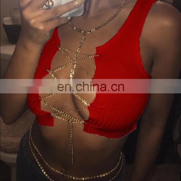 Cheap Nice Women Ladies Sexy Sleeveless Low-cut Vest Metal Chain Crop Tops Hot Night Club Wear photo-5