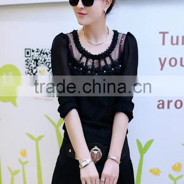 2015 Women's T-shirt With Long Sleeves Gauze Splicing Thin Render Unlined Upper Garment to Bigger Sizes Lace Hollow Out photo-5
