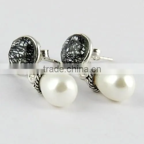 Most Clever Black Rutile & Pearl 925 Sterling Silver Earring, Gemstone Silver Jewelry, Handmade Silver Jewelry photo-4