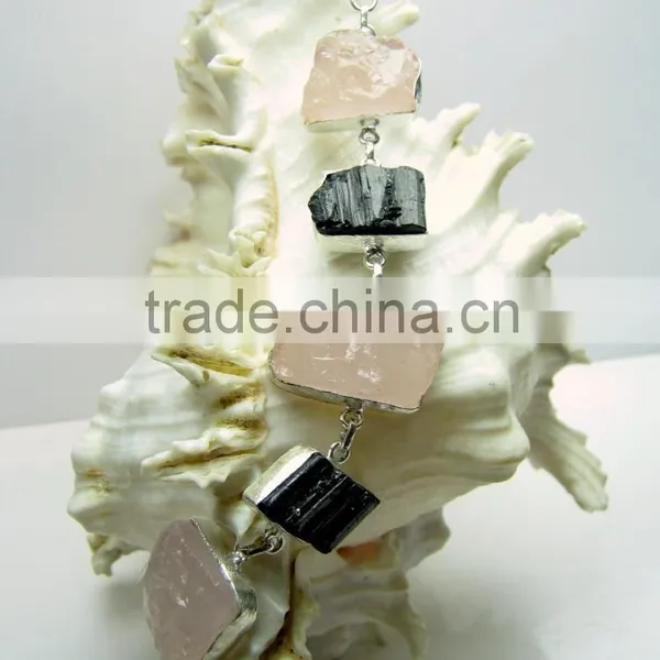 Rose Quartz & Tourmaline Multi Stone Rough Bracelet, 925 Solid Sterling Silver Bracelet, Designer Gemstone Raw Bracelet photo-2