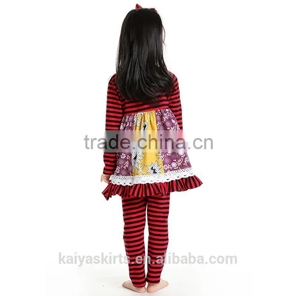 2016 Christmas Kaiya Fall Red and Black Stripe Cotton Top Dress and Pant Long Sleeve Little Girls Boutique Remake Clothing Sets photo-2
