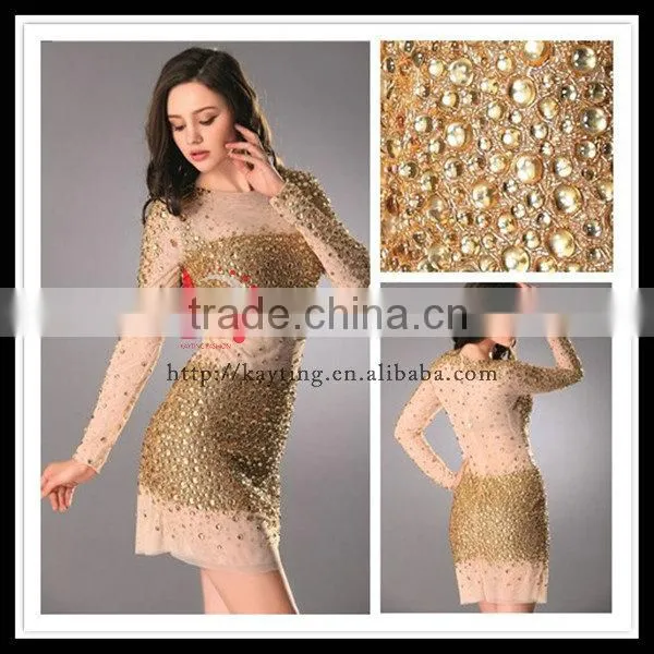 Stunning Sexy Heavy Beaded Long Sleeve Knee Length Round Neck Elegant Yellow Gold Bridesmaid Dresses photo-2