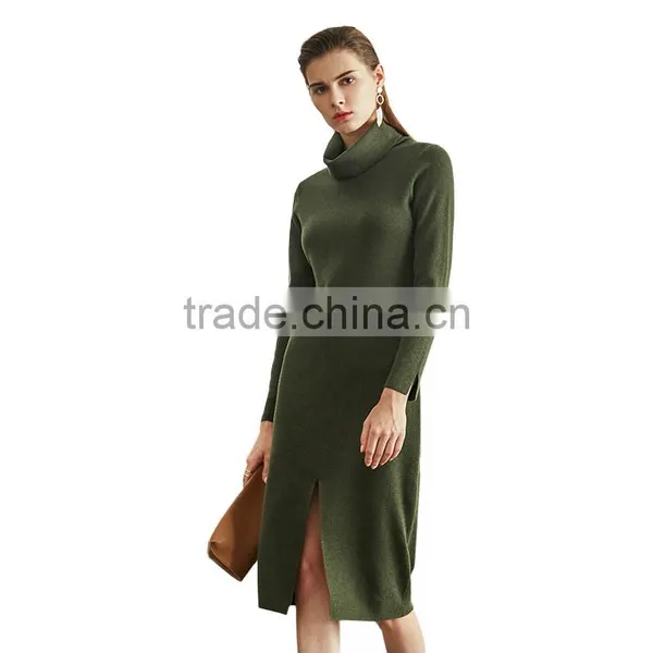 2017 Fashion Style Women Green Color Sweater Dress Turtleneck Side Vent Sweater photo-4