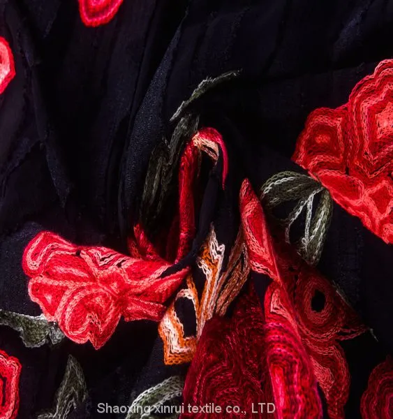 Chinese Red Rose Velvet Satin Embroidery Lace Fabric for Wedding Dress photo-3