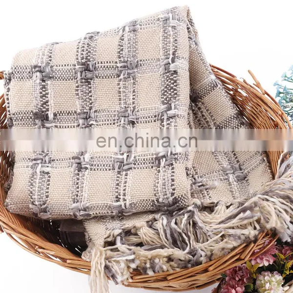 100%Acrylic Thick Beige Woven Check Pattern South Korean Style Blanket photo-5