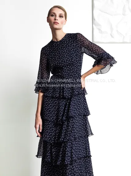 Ladies' 100%silk Chiffon Short Sleeve Ruffler Edge Print Dress