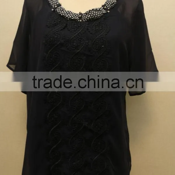 Ladies Short Sleeve Chiffon Blouse With Round Beaded Neck and Lace in Front