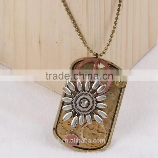 2015 Yiwu Fashion Imitation Jewelry Hot Sale Steampunk Necklace Dog Tag Gear Steam Flower Pendant Cameo Statement Necklace