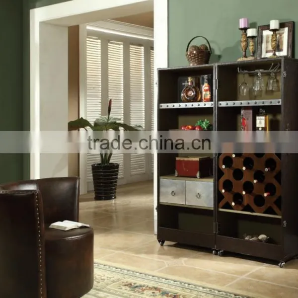 America Antique Wine Cabinet Wood Leather Cabinet With Wheels photo-5