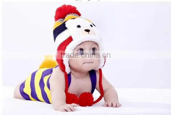 Crochet Baby Hat Stripe Pattern Cartoon Bear Design Thicken Kids Winter Caps photo-2
