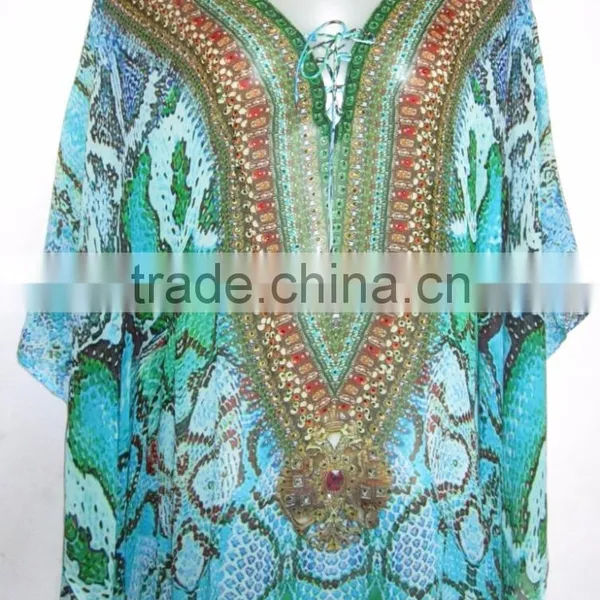 DIGITAL Print Lace up Georgette Crystal Blouse Kaftan CAFTAN Tunic Poncho Top photo-4