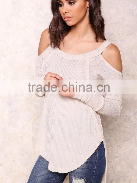 Popular High Quality Cold Beige Shoulder Knit Tops Sexy Off Asymmetric Sexy Party Sweaters photo-3