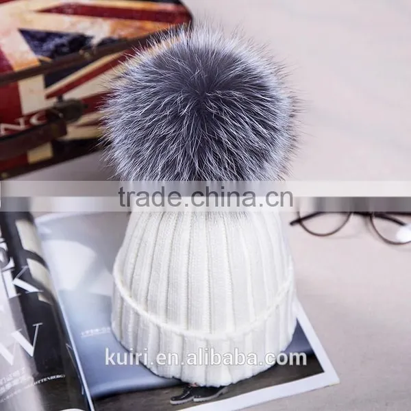 Hot Winter Colorful Snow Caps Wool Knitted Beanie Hat With Real Sliver Fox Fur Pom Poms For Women Men Hip Hop Skullies Cap photo-5