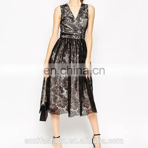 2016 Latest Style Organza Cut-out Back V-neckline Fashion Floral Lace Midi Prom Dress photo-3