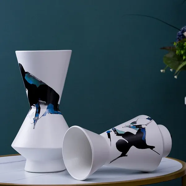 White Large Modern Abstract Traditional Chinese Painting Ceramic Plant Vase For Wedding photo-2