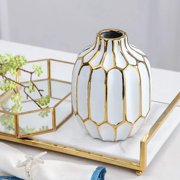 Nordic Ins Style Gild Large White Gold Chinese Jingdezhen Ceramic Flower Vase For Hotel Decor photo-2