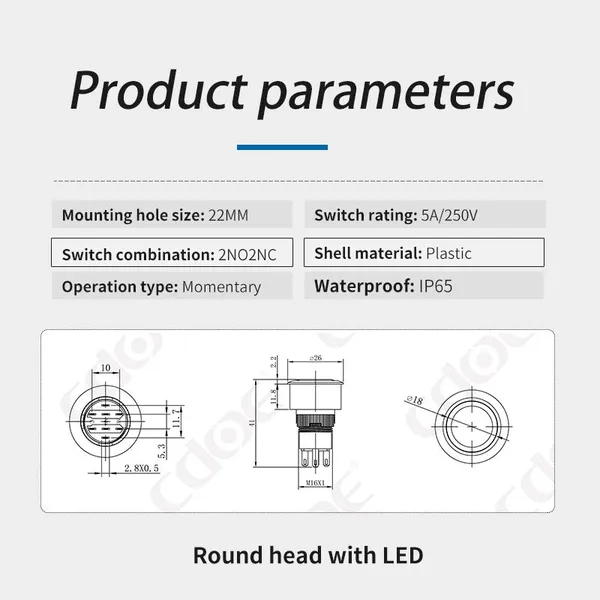 Ip65 16mm Black Round Head and Dot Illumination 12v Spdt Vandal Proof Push Button Switch Momentary photo-3