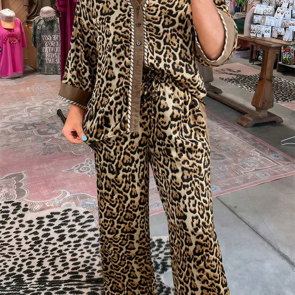 Brown Leopard High-Low Loose Tee Ankle Length Pants Set Dark Brown Braided V Neck Long Sleeve Loose Top and Drawstring High Waist Pants 2pcs Outfit photo-2