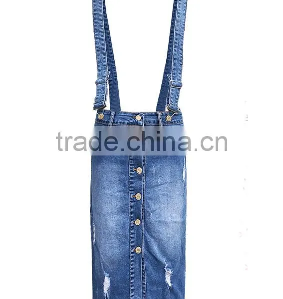 Girls Fashion Women Elastic Straps Skinny Ripped Front Button Denim Jeans Suspender Skirt