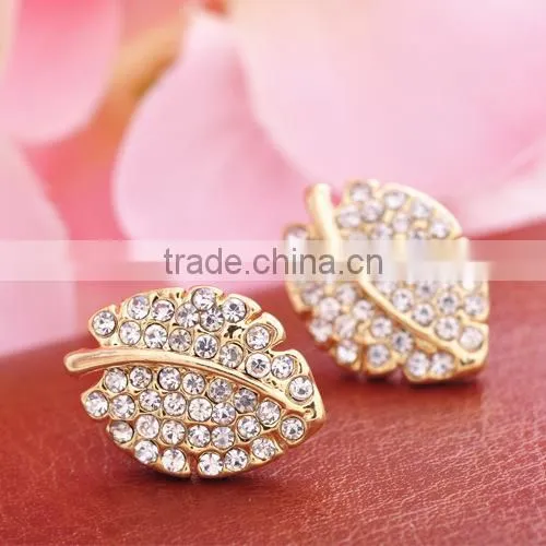 Gold Leaf Design Rhinestone Diamond Ladies Earrings Designs Pictures photo-3
