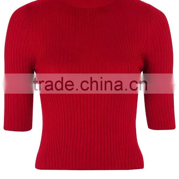 Women Crop Knit Clothes Slim-fit Sweater Ribbed Funnel Neck Knit or Crochet Clothing
