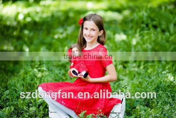 Doll And Me Red Christmas Dress Girls Lace Short Sleeve Dress photo-4