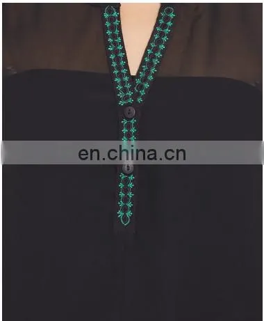 Sexy Trendy High Fashion Stylish Black Chiffon 3/4 Sleeve Embroidered Neck Detailing In Front Top Tunic Blouse Dress For Women photo-4