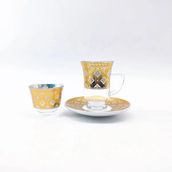 Gold Color 6 Pcs Cawa Cup of Clear Glass Arabic Tea Cup Sets photo-3