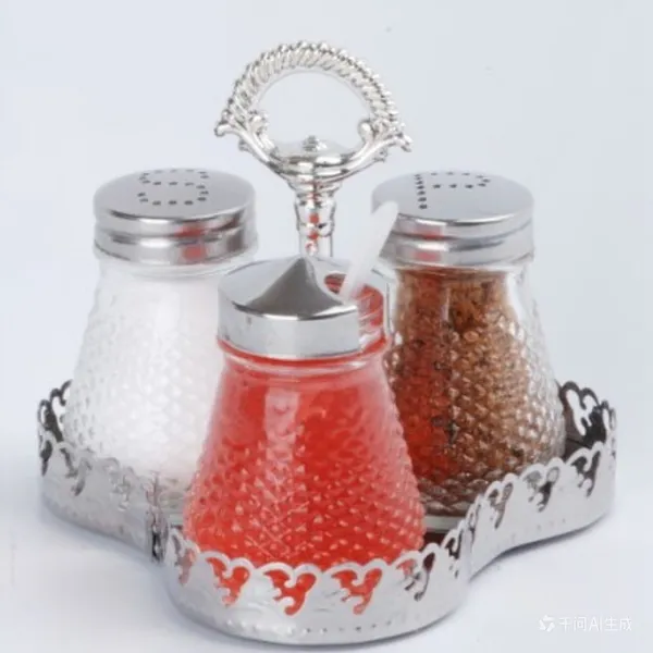Glass Salt Pepper Mustard Condiment Set With Stainless Steel Rack photo-3