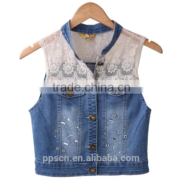 OEM Design Off-shoulder Sleeveless Coat Blue and White Color Jeans Lace Custom Denim Outdoor Life Women Jacket for Denim Jacket photo-2