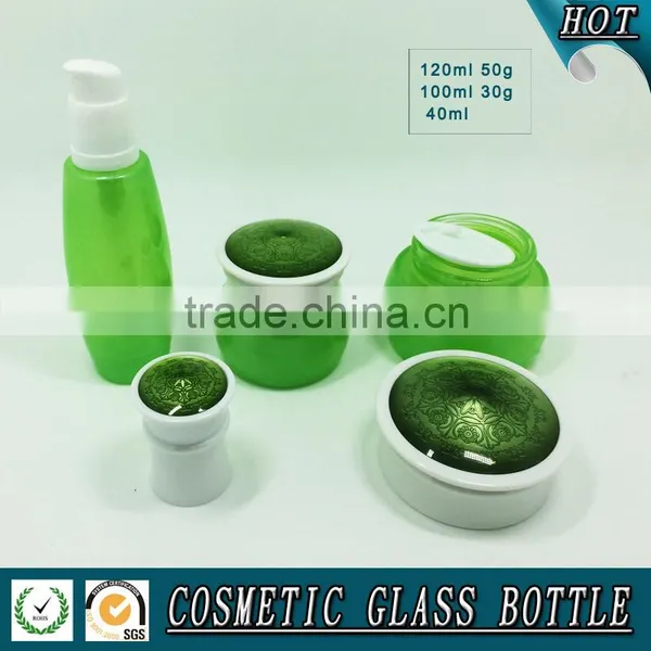 Luxury Cosmetics Packaging Green Colored Cosmetic Glass Bottle and Face Cream Jar photo-5